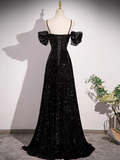 Spaghetti Straps Off Shoulder A-Line Prom Dress Shiny Black Evening Gown HZ0319