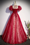 Dreamy Burgundy A-Line Tulle Long Prom Dress Graduation Dress HZ0319