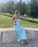 Blue Spaghetti Straps Satin Long Party Dress Wedding Guest Dress HZ0319