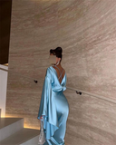 Blue Long Sleeves Cross Back Mermaid Satin Long Party Dress HZ0319