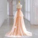 Shiny Pink Straps A-Line Sequins Long Evening Party Dress HZ0319