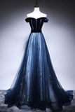 Dark Blue Velvet Tulle Long Prom Dress, Elegant Off the Shoulder Evening Dress HZ0319
