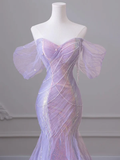 Light Purple Off Shoulder Mermaid Tulle Long Prom Dress Party Gown HZ0319