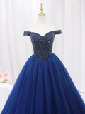 Blue Tulle Beaded Long Prom Dress, Off the Shoulder Evening Party Dress HZ0319