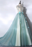 Mint Green Straps Long Tulle Sweet Dress, Unique Long Party Dress HZ0319