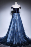 Dark Blue Velvet Tulle Long Prom Dress, Elegant Off the Shoulder Evening Dress HZ0319