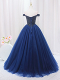 Blue Tulle Beaded Long Prom Dress, Off the Shoulder Evening Party Dress HZ0319