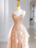 Shiny Pink Straps A-Line Sequins Long Evening Party Dress HZ0319