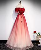 Burgundy Off Shoulder Tulle Long Prom Dress Burgundy Formal Dress HZ0319