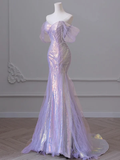 Light Purple Off Shoulder Mermaid Tulle Long Prom Dress Party Gown HZ0319