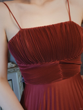 Burgundy Spaghetti Straps A-Line Satin Pleated Long Evening Party Dresses, HZ0319