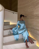 Blue Long Sleeves Cross Back Mermaid Satin Long Party Dress HZ0319