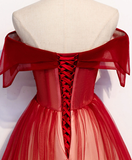 Burgundy Off Shoulder Tulle Long Prom Dress Burgundy Formal Dress HZ0319