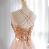 Shiny Pink Straps A-Line Sequins Long Evening Party Dress HZ0319