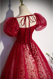 Dreamy Burgundy A-Line Tulle Long Prom Dress Graduation Dress HZ0319