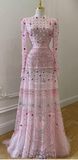 Gorgeous Pink Long Sleeves A-Line Beading Long Evening Dress Prom Gowns, HZ0319