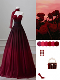Burgundy Strapless A-Line Gradient Long Formal Prom Dress Evening Gown HZ0319