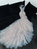 Shiny Beaded White Sweetheart Tulle Sequin Design Elegant Mermaid Floor-length Wedding Dress HZ0319