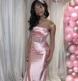 Light Pink Strapless Satin Black Girl Long Party Dress Birthday Outfits HZ0319