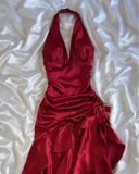 Vintage Wine Red Halter Satin Long Evening Party Dress Birthday Outfits, HZ0319