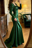Elegant Prom Dress Dark Green Satin Square Neck Pleated Mermaid Gala Gown Evening Dress Graduation Outfits HZ0319