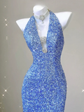 Blue V Neck Halter Sequins Sheath Long Party Dress Birthday Outfits HZ0319