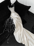 Stunning Strapless Sheath Satin Beaded Long Evening Party Dress Birthday Outfits, HZ0319