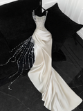 Stunning Strapless Sheath Satin Beaded Long Evening Party Dress Birthday Outfits, HZ0319