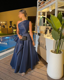 Navy Blue One Shoulder A-Line Satin Long Formal Evening Party Dress HZ0319