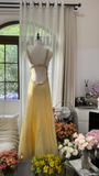 Retro Yellow Shinny Backless Design A-line Elegant Chiffon Evening Dress Prom Dress HZ0319