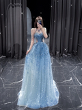 Blue Halter A-Line Tulle Sequins Long Party Dress Birthday Outfits HZ0319