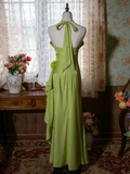 Green Halter Appliques Ruffles Vintage Long Party Dress HZ0319