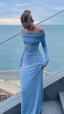 Blue Off Shoulder Long Sleeves Sheath Long Party Dress Evening Dress, HZ0319
