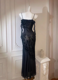 Black Spaghetti Straps Sexy Mermaid Long Evening Party Dress HZ0319