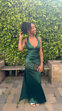 Green V Neck Mermaid Satin Long Party Dress Evening Gown HZ0319