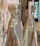 Gold Sequins Cross Back Sheath Long Party Dress Evening Gown HZ0319