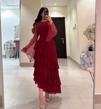 Wine Red Long Sleeves A-Line Tiered Long Formal Prom Dress HZ0319