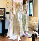 Gold Sequins Cross Back Sheath Long Party Dress Evening Gown HZ0319
