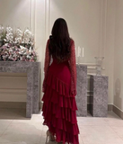 Wine Red Long Sleeves A-Line Tiered Long Formal Prom Dress HZ0319