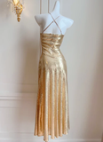 Gold Sequins Cross Back Sheath Long Party Dress Evening Gown HZ0319