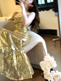 Gold Sequins Cross Back Sheath Long Party Dress Evening Gown HZ0319