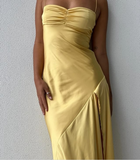 Spaghetti Straps Yellow Long Sheath Prom Dress With Slit HZ0319
