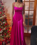 Hot Pink Spaghetti Straps A-Line Satin Long Party Dress, HZ0319