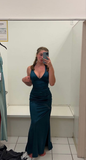Dark Green V Neck Halter Mermaid Satin Long Prom Dress HZ0319
