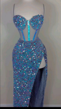 Blue Spaghetti Straps Sequins Long Evening Party Dress Birthday Outfits HZ0319