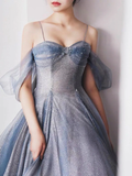 Blue Tulle A-Line Straps Off Shoulder Formal Evening Party Dress HZ0319