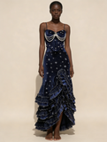 Prom Dress Dark Navy Spaghetti Straps Mermaid Layers Ruffles Sexy Evening Dress Birthday Outfits, HZ0319