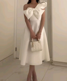 White One Shoulder A-Line Midi Length Formal Party Dress HZ0319