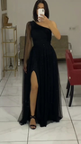 Black One Shoulder A-Line Tulle Long Formal Prom Dress HZ0319