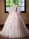 A-Line Tulle Floral Prom Dress, Off the Shoulder Formal Party Dress HZ0319